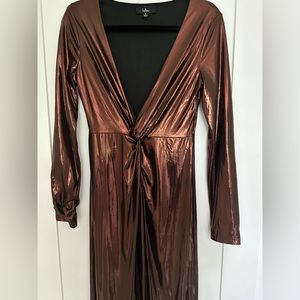 Lulu’s Shining Babe Brown Metallic Long Sleeve Twist-Front Maxi Gown